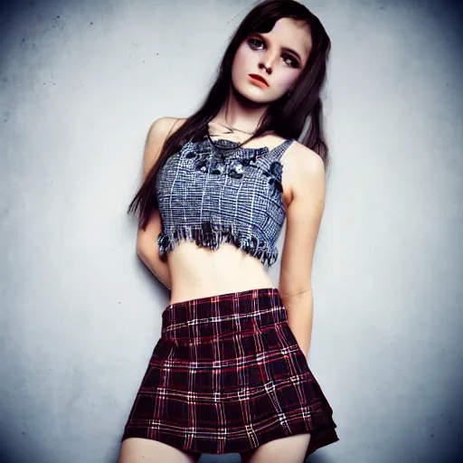 Image similar to gothic teen girl in plaid mini skirt and crop top, intricate, extremely detailed, modeling photography, 8 0 mm camera