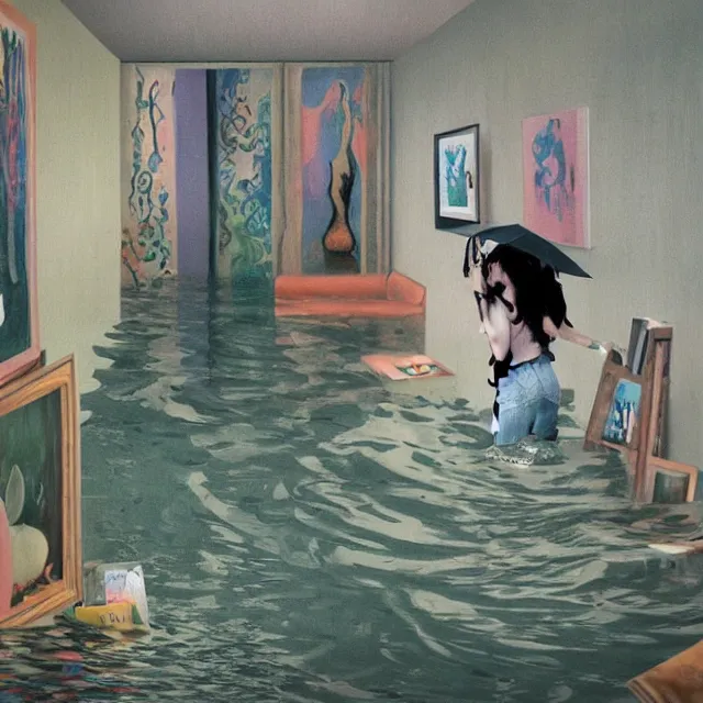 Image similar to tall emo artist in her flooded apartment, painting of flood waters inside an artist's home, a river flooding indoors, pomegranates, pigs, ikebana, zen, water, octopus, river, rapids, waterfall, black swans, canoe, berries, acrylic on canvas, surrealist, by magritte and monet