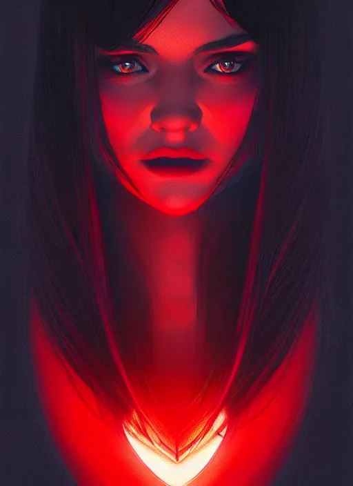 Image similar to portrait of vampire veronica lodge with bangs, vampire fangs, vampire, long hair, red clothes, bangs, vampironica, intricate, elegant, glowing lights, highly detailed, digital painting, artstation, concept art, smooth, sharp focus, illustration, art by wlop, mars ravelo and greg rutkowski