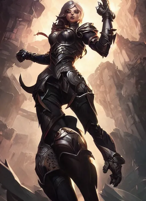 Image similar to poster!! beautiful new female character for league of legends, character concept art, action pose, illustration, full body armor, steel plating, huge weapon, super powers, athletic, symmetry, intricate design, shiny, highly detailed, hd, dramatic lighting, art by artgerm and greg rutkowski