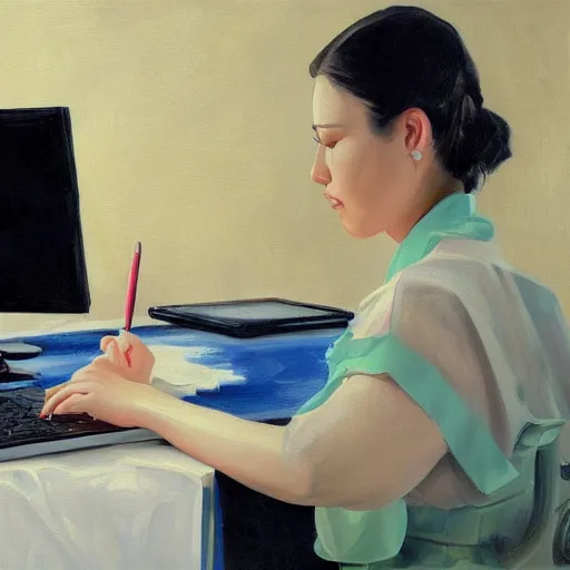 Image similar to painting detailed portrait woman using computer