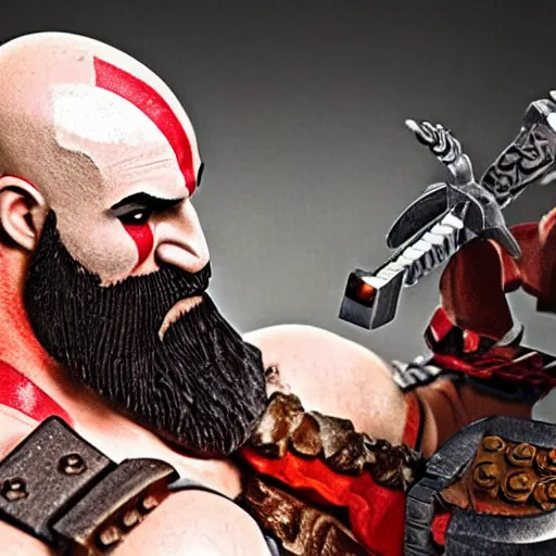 Image similar to kratos from god of war playing with a lego set