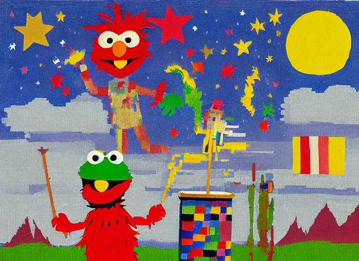 Image similar to pixel decollage painting trash can toter as tarot card fool with sesame street elmo and kermit muppet on a horse knight in a dark red cloudy night sky background and golden foil jewish stars , mountain lake and blossoming field in background, painted by Mark Rothko, Helen Frankenthaler, Danny Fox and Hilma af Klint, pixelated, neo expressionism, semi naive, pastel colors, cinematic, color field painting, cave painting, voxel, pop art look, outsider art, minimalistic. Bill Traylor painting, part by Philip Guston and Francis Bacon. art by Adrian Ghenie, very coherent symmetrical artwork, cinematic, hyper realism, high detail, octane render, unreal engine, Smooth gradients, depth of field, full body character drawing, extremely detailed, 8k, extreme detail, intricate detail, masterpiece