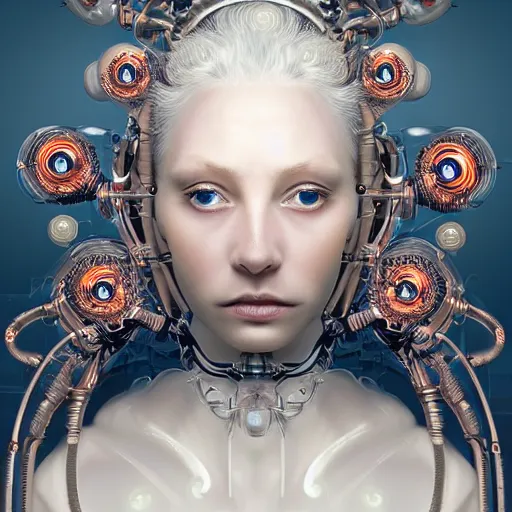 Prompt: stunning hyperdetailed upclose symmetrical portrait of 7 0 year old caucasian cyborg girl with translucent porcelain skin, lush thick hair, big electric eyes, ultra detailed ornate neon wire lacing, ultra detailed steampunk cyborg implants, complex white nano mechanical flowers, micro detail, by satoshi kon, sharp focus, trending on artstation hq, deviantart, pinterest, 8 k
