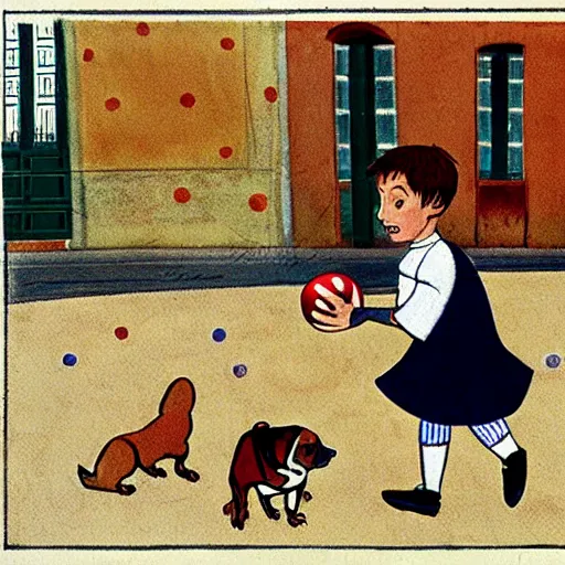 Image similar to book illustration of a french boy on the streets of paris playing football against a corgi, the dog is wearing a polka dot scarf, 1 9 6 6