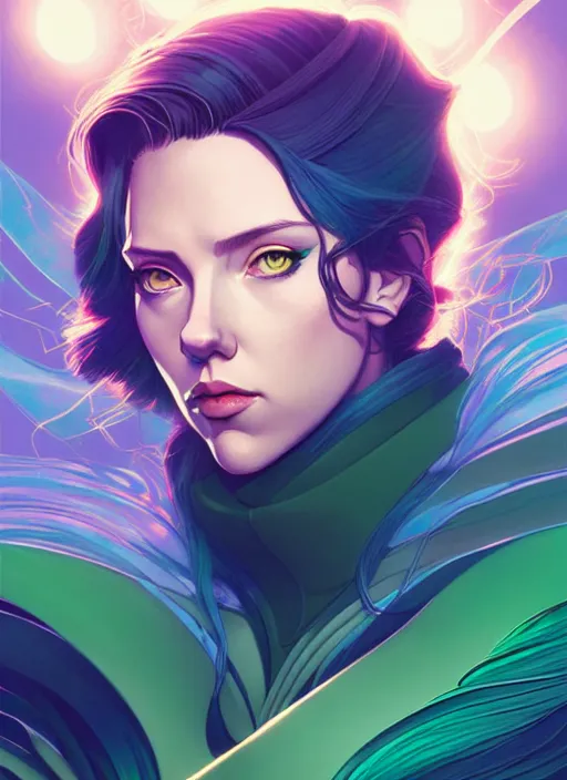 Image similar to style artgerm, joshua middleton, illustration, scarlett johansson as artificer wearing green pelt light armor, anime eyes, blue hair, swirling water cosmos, fantasy, dnd, cinematic lighting