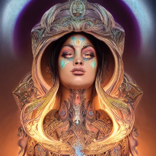 Prompt: portrait painting of a beautiful moon goddess, wearing a dark hooded robe, sacred tattoos on her face, smirking, holding a giant astral scyther, moon colours, glowing reality, ultra realistic, concept art, intricate details, mystical, highly detailed, photorealistic, octane render, 8 k, unreal engine. art by artgerm and greg rutkowski and alphonse mucha