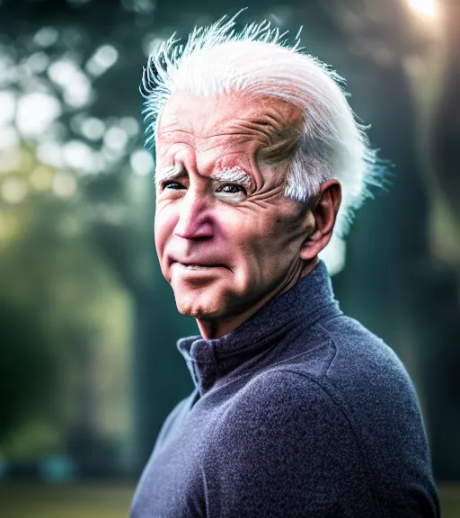 Image similar to award winning 5 5 mm close up portrait color photo of super saiyan biden, in a park by luis royo. soft light. sony a 7 r iv