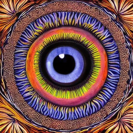 Image similar to A beautiful painting a large eye that is looking directly at the viewer. The eye is composed of a myriad of colors and patterns, and it is surrounded by smaller eyes. The smaller eyes appear to be in a state of hypnosis, and they are looking in different directions. by Adonna Khare, by Yasushi Nirasawa, by William Wray decorative, atmospheric