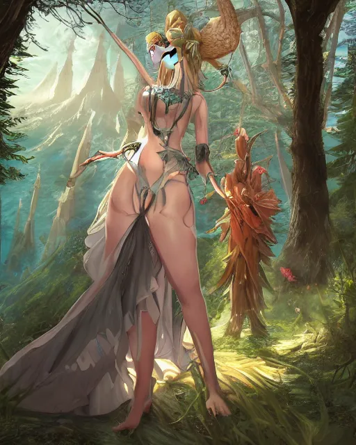 Image similar to an anime landscape of a royal merfolk from magic the gathering wearing a royal garments, near a mystical forest from skyrim, by stanley artgerm lau, wlop, rossdraws, james jean, andrei riabovitchev, marc simonetti, and sakimichan, trending on artstation