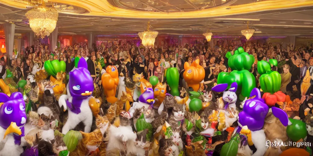 Image similar to 8 k uhd cinema 4 d, octane render of multiple cats dressed as vegetables with vegetables as masks, vegetables dressed as cats with fluffy tails, line dancing at a party, in the ballroom of a luxury cruise liner, beautiful chandeliers from the ceiling, ultra realistic, group photography, 1 0 5 mm lens, multi coloured volumetric lighting