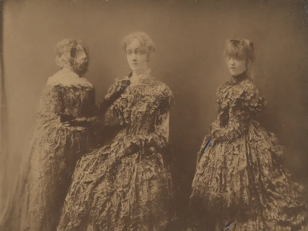 Image similar to old daguerreotype female android in beautiful victorian dress decaying rich guest room