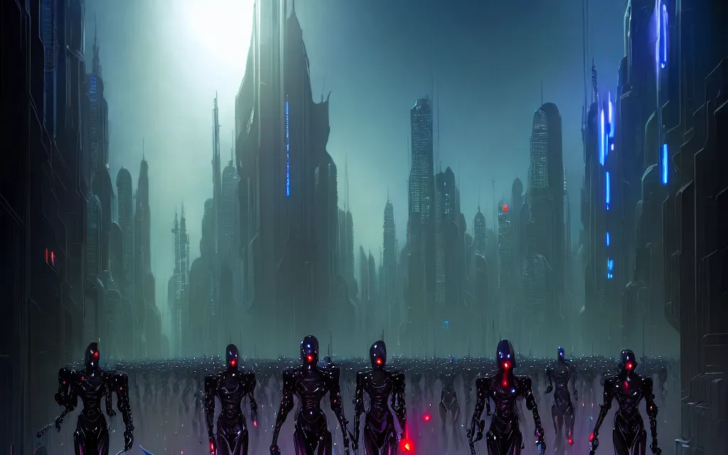 Prompt: a cinematic scene of an army of black cyborg demons by moebius and stephan martiniere and dan mumford, trending on artstation, digital art, 4 k resolution, detailed, high quality, sharp focus, hq artwork, insane detail, cinematic, volumetric lighting, dramatic lighting, epic light, cinematic aesthetic