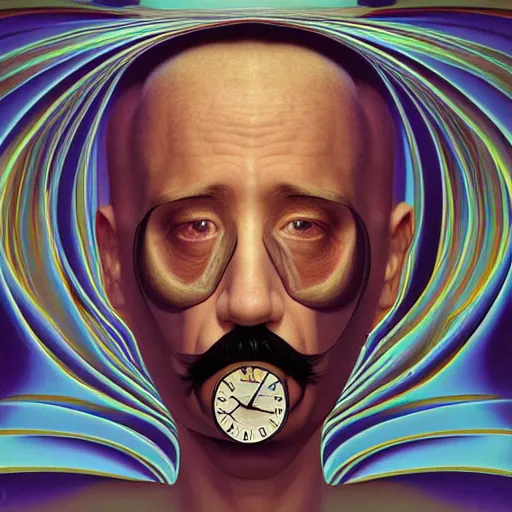 Image similar to a beautiful composition of deeply moving genius, flawless and incredible facial portraiture, depicting Father Time who has two faces and is regarding himself as if in the mirror; wondrous futuristic digital paint, by M. C. Escher