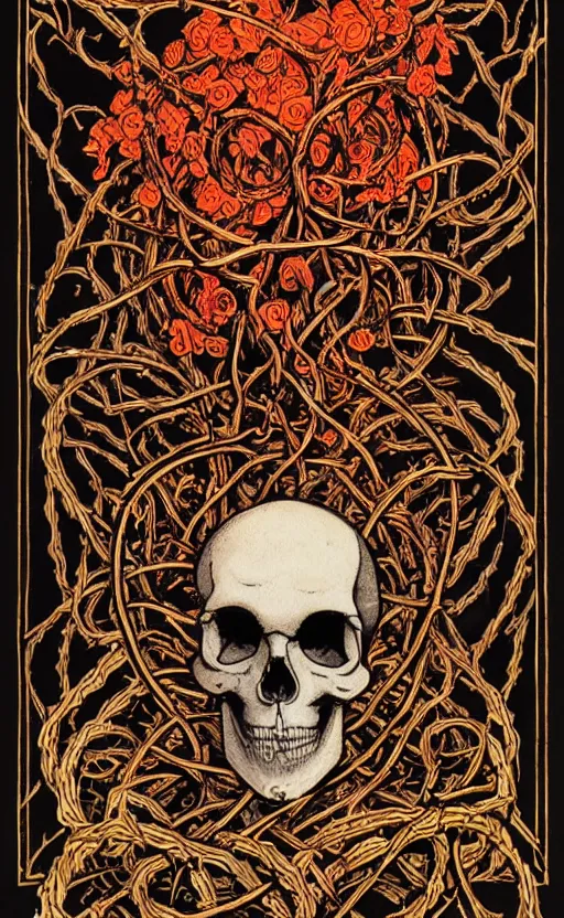 Prompt: tarot card of human skull wrapped in vines + black paper + elements + red + gold + neon + baroque + rococo + white + orange + ink + tarot card with ornate border frame + marc simonetti, paul pope, peter mohrbacher, detailed, intricate ink illustration