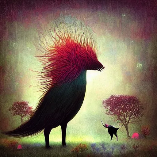 Prompt: surreal hybrid animals, nostalgia for a fairytale, magic realism, flowerpunk, mysterious vivid colors by andy kehoe and amanda clarke
