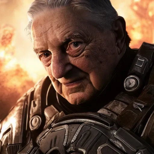 Prompt: george soros in gears of war, splash art, movie still, cinematic lighting, dramatic, octane render, long lens, shallow depth of field, bokeh, anamorphic lens flare, 8 k, hyper detailed, 3 5 mm film grain