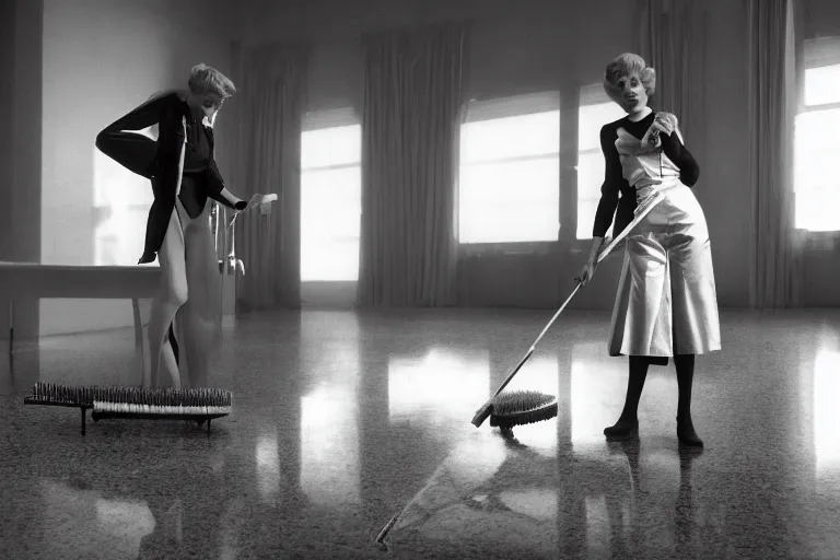 Prompt: scarlet johannsen as a gynoid polishing the floor with a toothbrush, high resolution film still, 4 k, hdr color