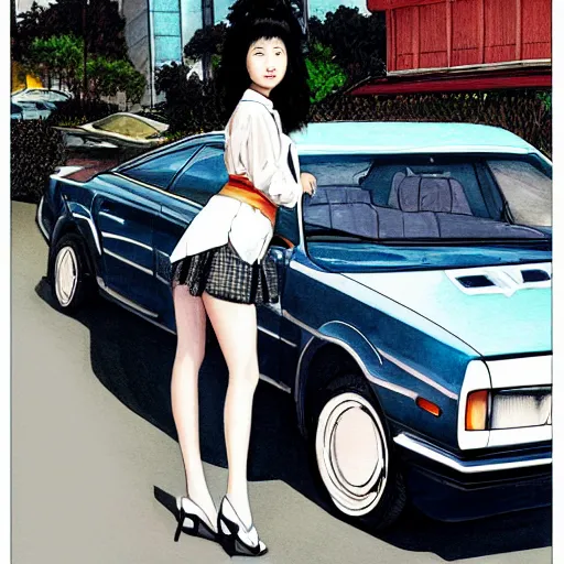 Image similar to a perfect, realistic professional digital sketch of two Japanese schoolgirls posing and 80s car, in style of Marvel, full length, by pen and watercolor, by a professional American senior artist on ArtStation, a high-quality hollywood-style sketch, on high-quality paper