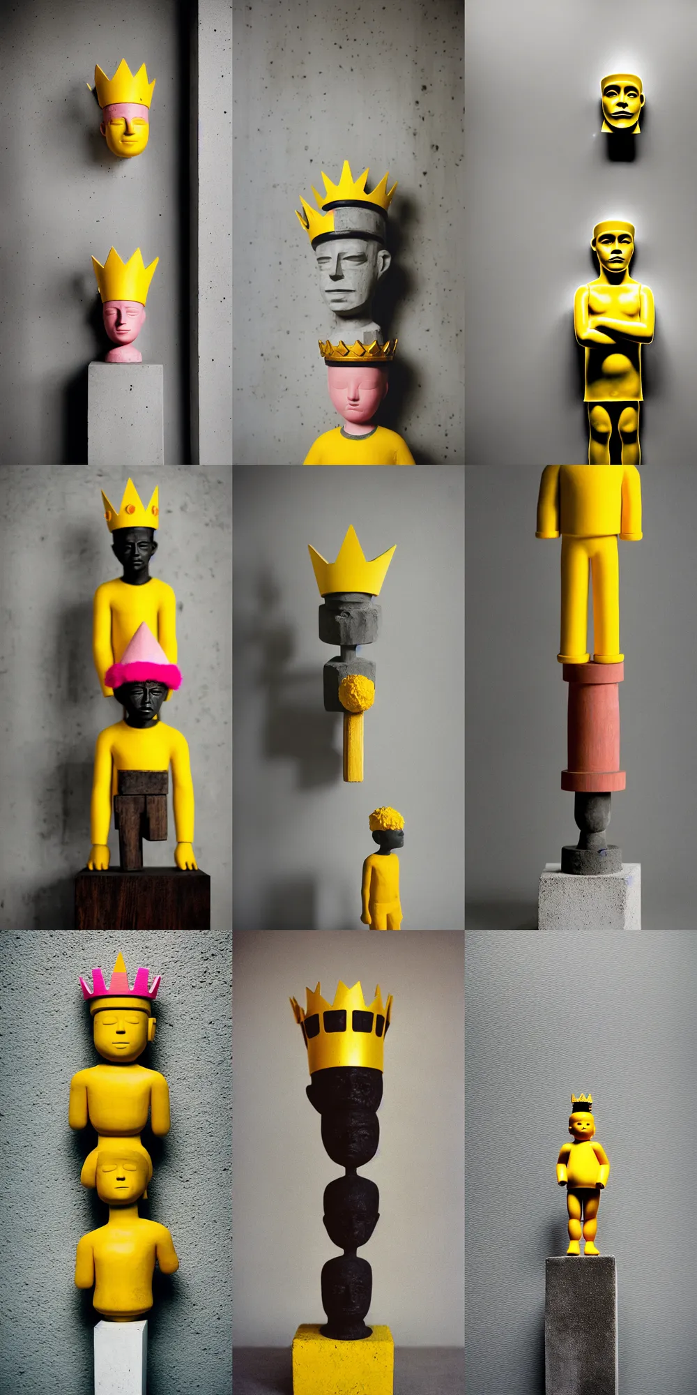 Image similar to kodak portra 4 0 0, 8 k, shot of a highly detailed, britt marling style, colour still - life portrait of a large minimalistic room, rough concrete walls, the wooden statue of a yellow black striped little man with pink crown on his head