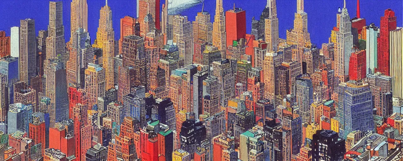 Image similar to a 2D drawing of new York in 1980s, colorful and beautiful by hiroshi yoshida