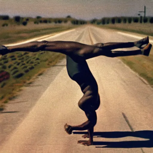 Image similar to a profile shot of barack obama doing a handstand on the highway, highly detailed, 8 k resolution, 1 9 0 0 s picture,