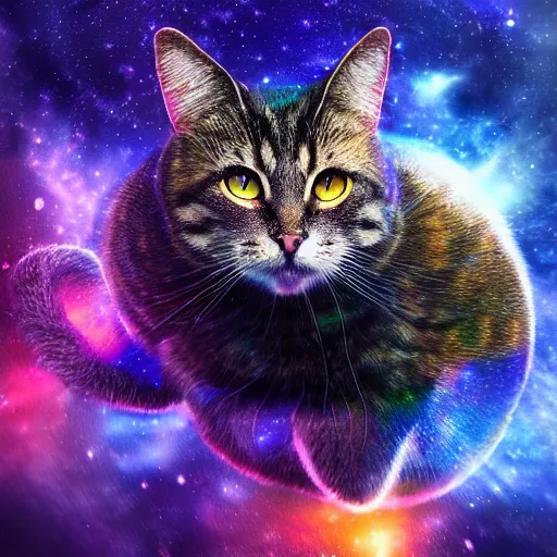 Prompt: Photorealistic magic cat in outer space. Hyperdetailed photorealism, 108 megapixels, amazing depth, glowing rich colors, powerful imagery, psychedelic Overtones, 3D finalrender, 3d shading, cinematic lighting, artstation concept art