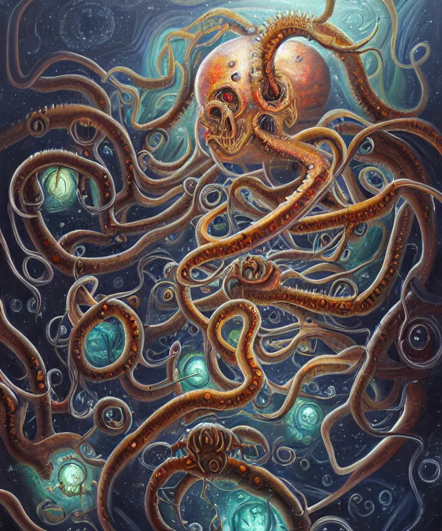 Prompt: an oil on canvas painting, polycount, surrealism, surrealist, lovecraftian, cosmic horror, high detail