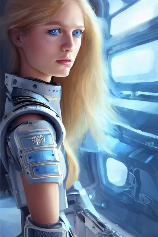 Image similar to portrait futuristic beautiful northern europe Airforce armored pilot Girl, long blonde hair, blue eyes, at inside of future fighter aircraft, ssci-fi, fantasy, intricate, very very beautiful, elegant, human anatomy, neon light, highly detailed, digital painting, artstation, concept art, soft light, smooth, sharp focus, illustration, art by tian zi and WLOP and alphonse mucha