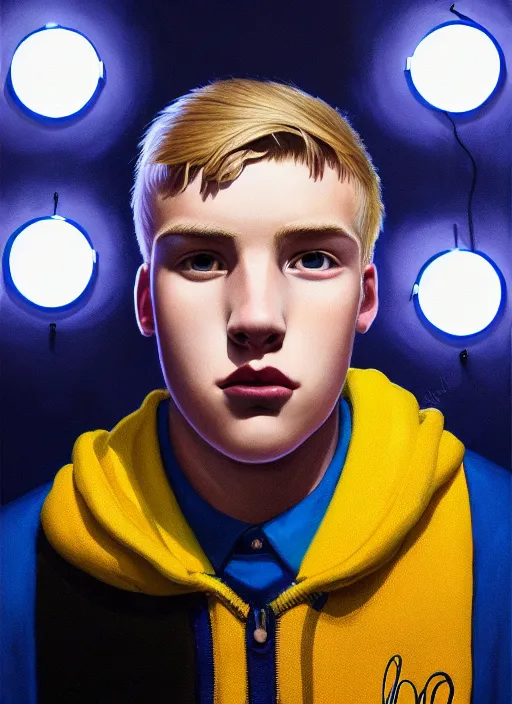 Image similar to portrait of high school senior boy named big moose, blonde short hair, jock, beefy, wide face, square jaw, square facial structure, blue varsity jacket with letter r, intricate, elegant, glowing lights, highly detailed, digital painting, artstation, concept art, sharp focus, illustration, art by wlop, mars ravelo and greg rutkowski