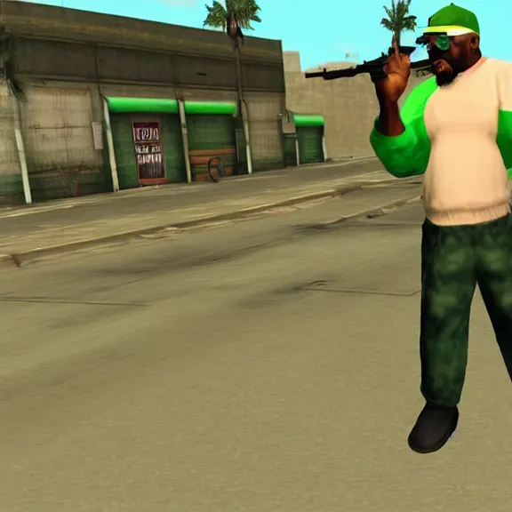 Image similar to screenshot of big smoke in green clothing from gta san andreas for the ps 2