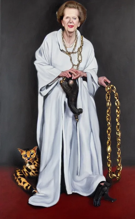 Image similar to an oil portrait of margaret thatcher in ceremonial robe keeping chained distressed servals at her feet, high quality, artstation, higly detailed, dark lighting