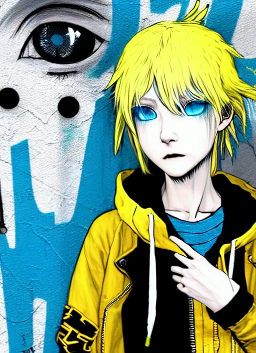 Prompt: highly detailed portrait of a city punk lady student, blue eyes, hoodie, white hair by akihiko yoshida, gradient yellow, black, brown and cyan blue color scheme, grunge aesthetic!!! ( ( graffiti tag wall background ) )