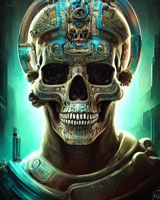 Prompt: digital painting of cyberpunk skull mayan god of death by filipe pagliuso and justin gerard symmetric fantasy highly detailed realistic intricate port