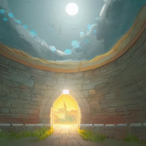 Prompt: wall with portal to ula city, digital painting, concept art, smooth, sharp focus, illustration by studio ghibli