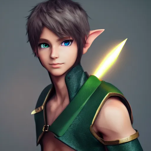 Image similar to elf boy render as a very beautiful 3d anime boy, hazel eyes, full round face, short smile, cinematic lightning, medium shot, mid-shot, highly detailed, trending on Artstation, Unreal Engine 4k, cinematic wallpaper