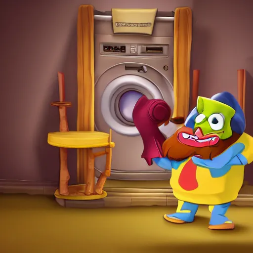 Image similar to boogerman doing his laundry, cgi render, cartoon, soft colors, simple