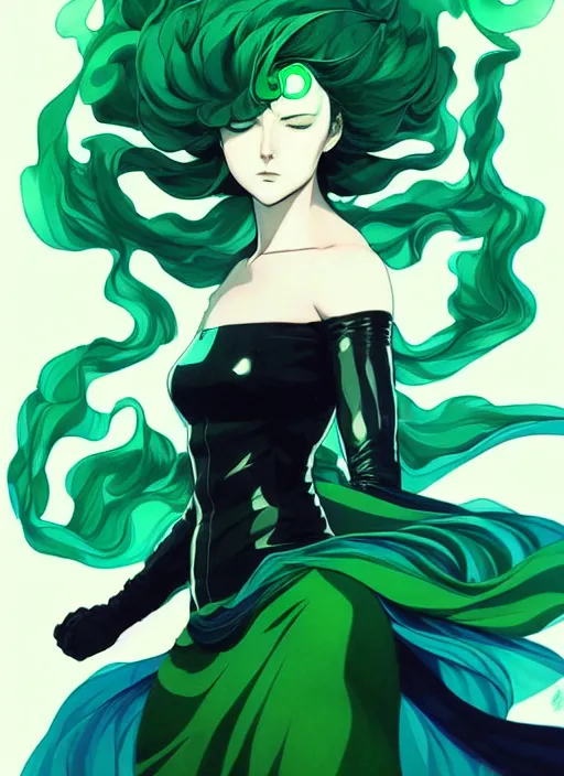 Image similar to style artgerm, joshua middleton, tatsumaki one punch man with green dress, very long blue hair, swirling water swirling, symmetrical face, symmetrical eyes, steampunk cyberpunk,, cinematic lighting