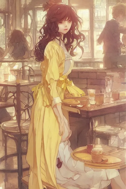 Prompt: A girl in a maid's outfit in a cafe a afternoon, wavy hair yellow theme,S line,45 angel by krenz cushart and mucha and yoneyama mai and greg rutkowski