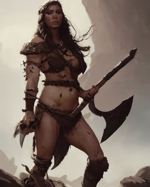 Image similar to hyper realistic photo of barbarian warrior girl, full body, cinematic, artstation, cgsociety, greg rutkowski, james gurney, mignola, craig mullins, brom