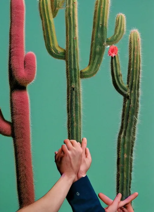 Prompt: extremely detailed studio portrait of hands holding cactuses. surreal photograph, lo - fi, polished look, solid background, silly and serious, hermes ad, fashion photography, toiletpaper magazine by pierpaolo ferrari and maurizio cattelan, 3 5 mm photograph, colourful, david lachapelle, canon eos c 3 0 0, 8 k, medium - format print