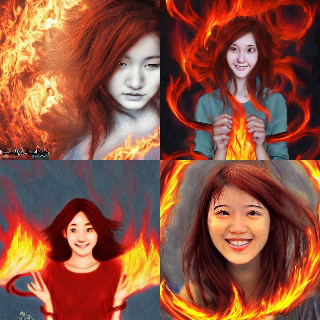 Prompt: a choppy red haired brown eyed teenage girl surrounded by rings of flames and wisps of fire smiling maliciously. By Mingchen Shen