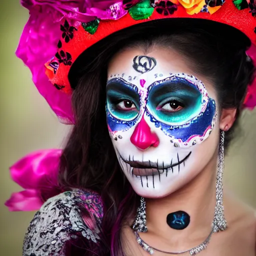 Image similar to canon mark 5, motion blur, realistic character portrait photo of a beautiful mexican girl, day of the dead makeup, muted colours, by britt marling, glitter storm