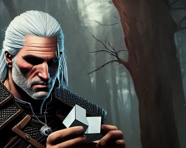 Prompt: 5 5 mm portrait photo of geralt trying to solve a rubix cube. magical atmosphere. art by greg rutkowski. highly detailed 8 k. intricate. lifelike. soft light. nikon d 8 5 0.