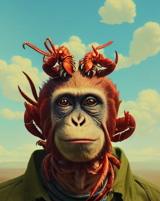 Image similar to highly detailed surreal vfx portrait of a lobsterpunk monkey, stephen bliss, unreal engine, greg rutkowski, loish, rhads, beeple, makoto shinkai and lois van baarle, ilya kuvshinov, rossdraws, tom bagshaw, alphonse mucha, global illumination, detailed and intricate environment