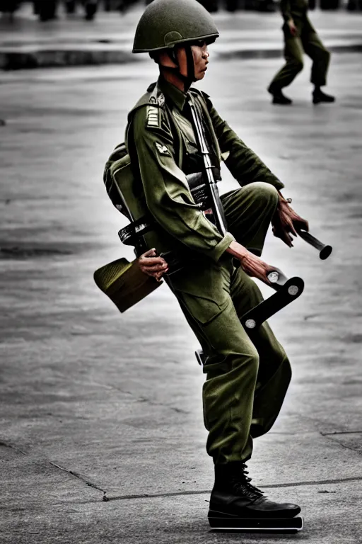 Prompt: vietnam soldier with skateboard, photography, pulitzer style, hyperrealistic, vogue magazine photo style, dynamic composition, intricate, proportional perfect, dynamic comfortable posse, smooth, sharp focus, captured by nikon d 8 5 0, 4 k, full body. by daniel berehulak