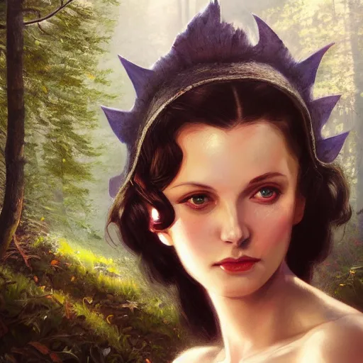 Image similar to closeup portrait of a young vivian leigh with elf ears, forest background, megacity, high fantasy, gorgeous view, depth, high detail, digital art, painted by greg rutkowski, trending on artstation