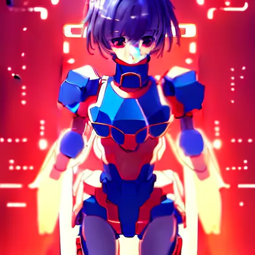 Image similar to digital anime art, wlop, rossdraws, sakimimichan, very small cute girl standing on a large table, red mech arms and red mech legs,