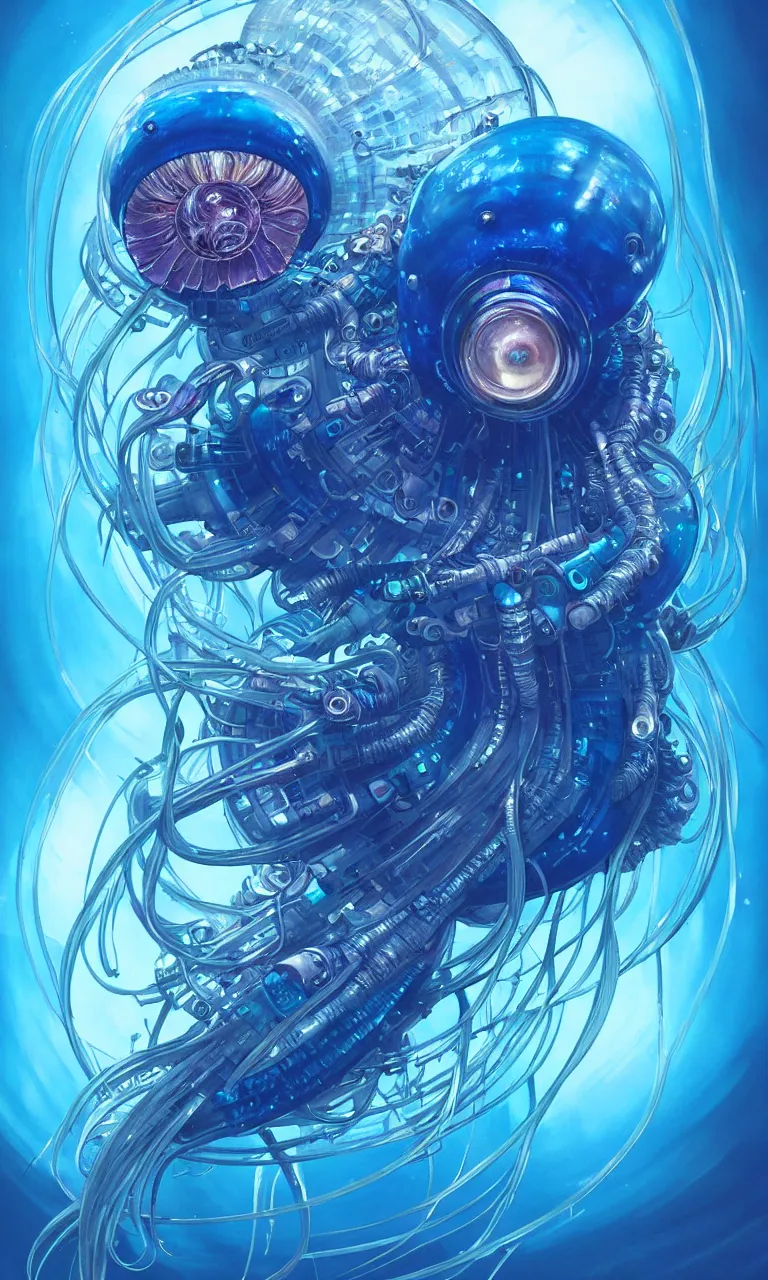 Prompt: hyper detailed painting of a cyberpunk jellyfish, blue tones, underwater, 8 mm, highly detailed, digital painting, artstation, concept art, smooth, sharp focus, illustration, art by artgerm and greg rutkowski and alphonse mucha