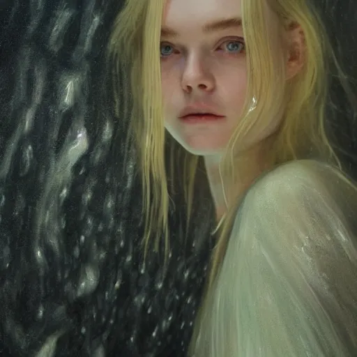 Image similar to Elle Fanning in a cave in the world of Adam Wyeth, head and shoulders portrait, stormy weather, extremely detailed masterpiece, oil on canvas, low-key neon lighting, artstation, Blade Runner 2049, Roger Deakin’s cinematography, by J. C. Leyendecker and Peter Paul Rubens and Edward Hopper and Michael Sowa,